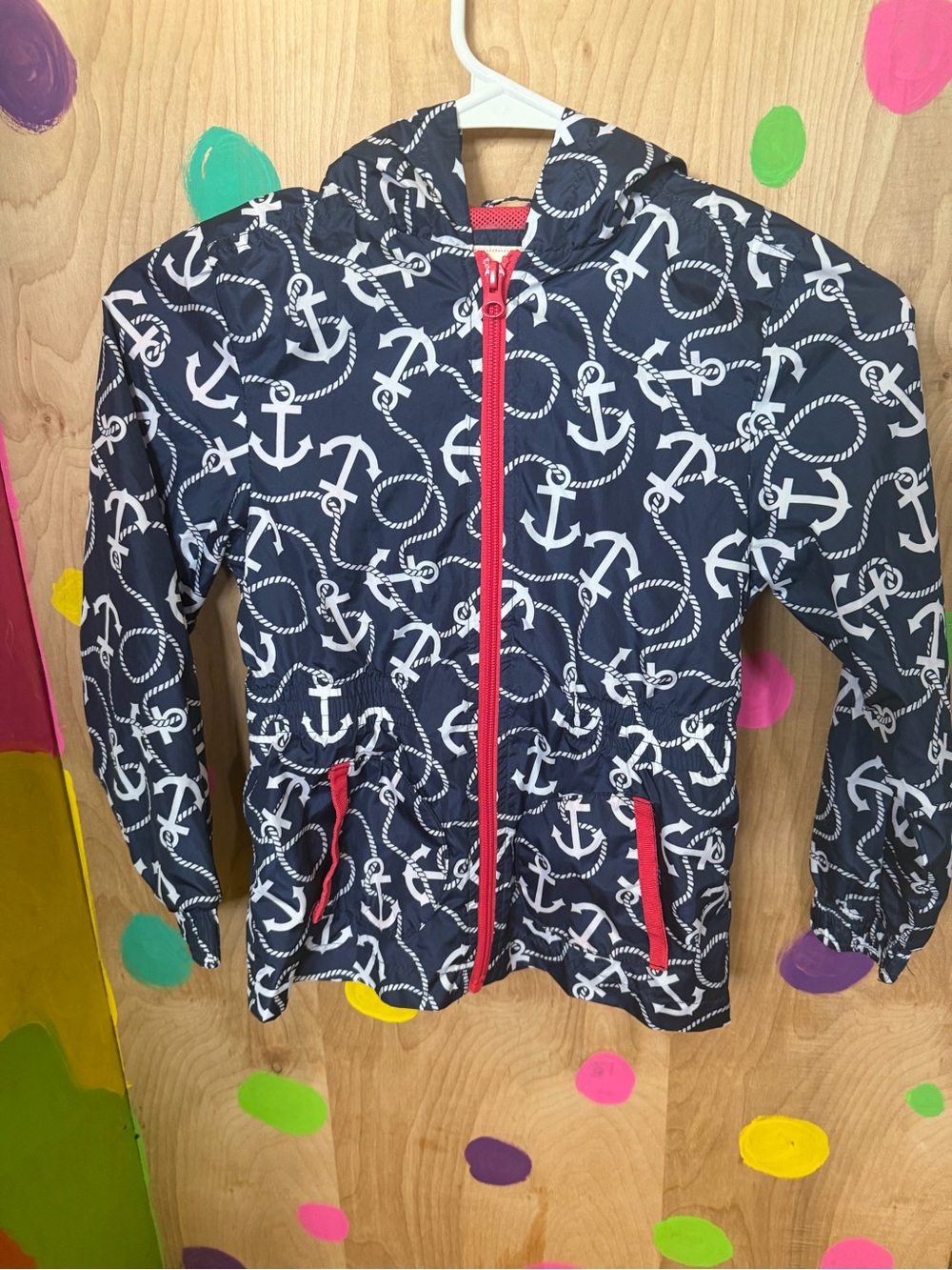 Cherokee Navy Anchor Hooded Rain Jacket with Coral Accents
